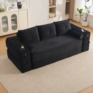 3-zits slaapbank met bekerhouders – Corduroy slaapbank – Zwart 3-zits slaapbank met bekerhouders – Corduroy slaapbank – Zwart
