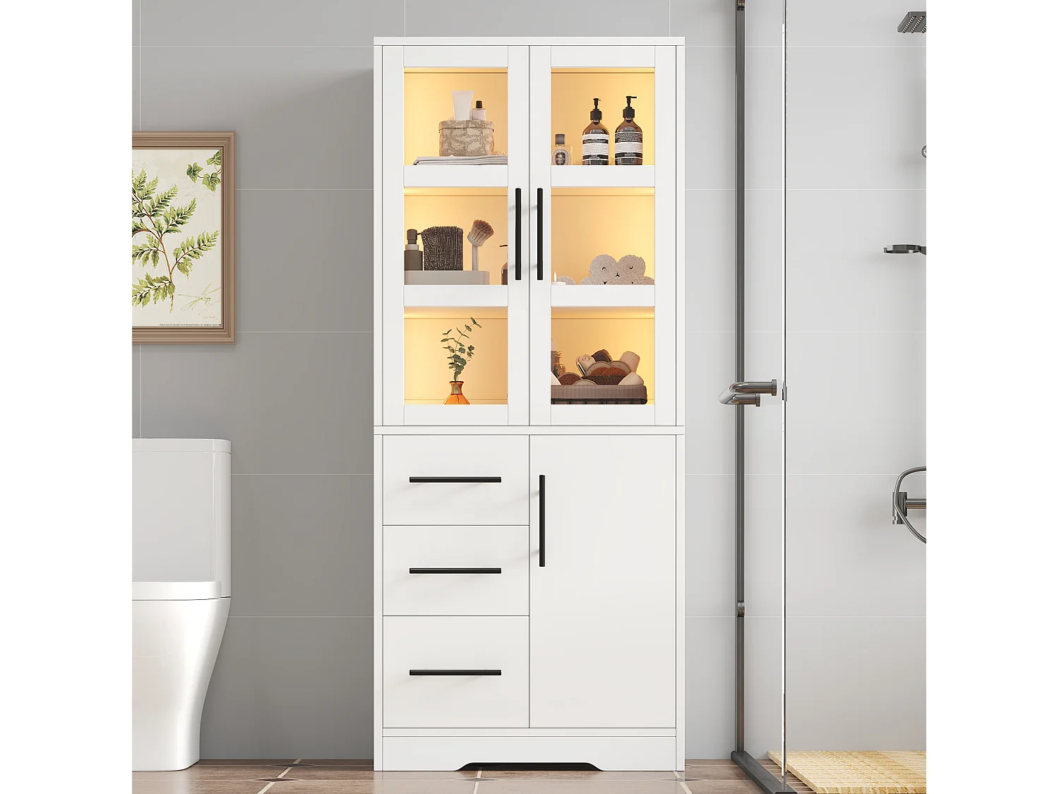 Badkamerkast 72 x 35 x 170 cm met LED-verlichting, 2 glazen deuren en 3 lades - Wit