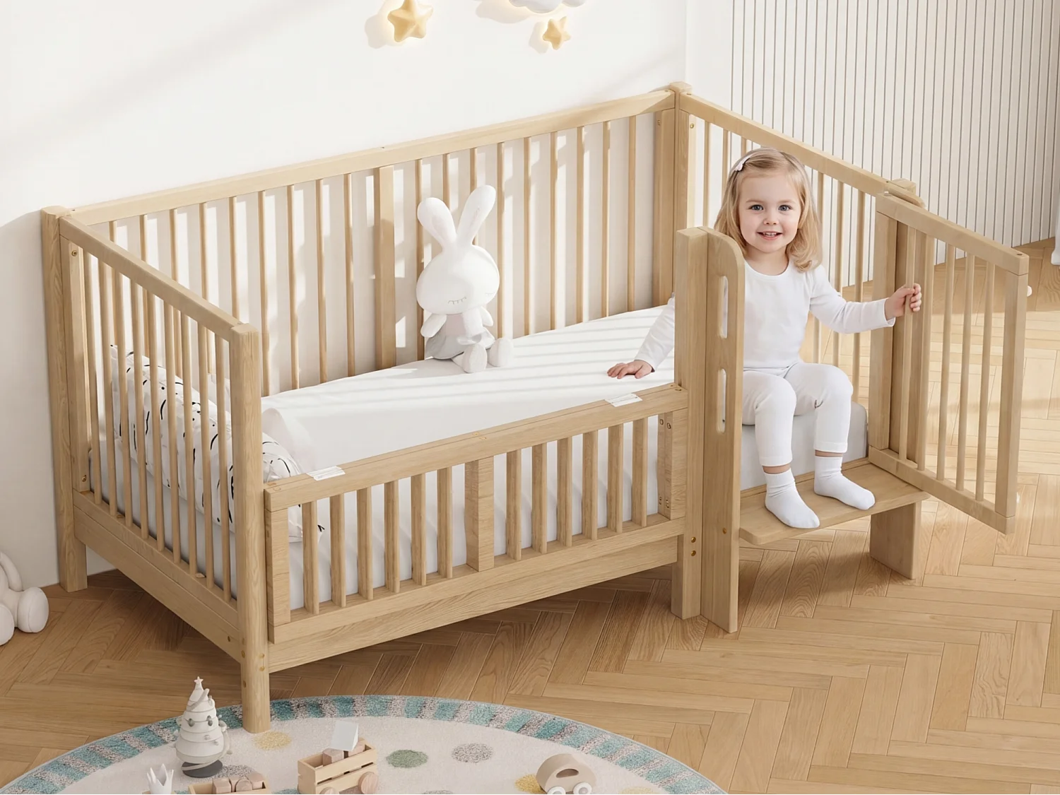 Babybed 140x70 cm met pedaal - massief grenenhout - beddeur met veiligheidsvergrendeling - EN 716 gecertificeerd - naturel