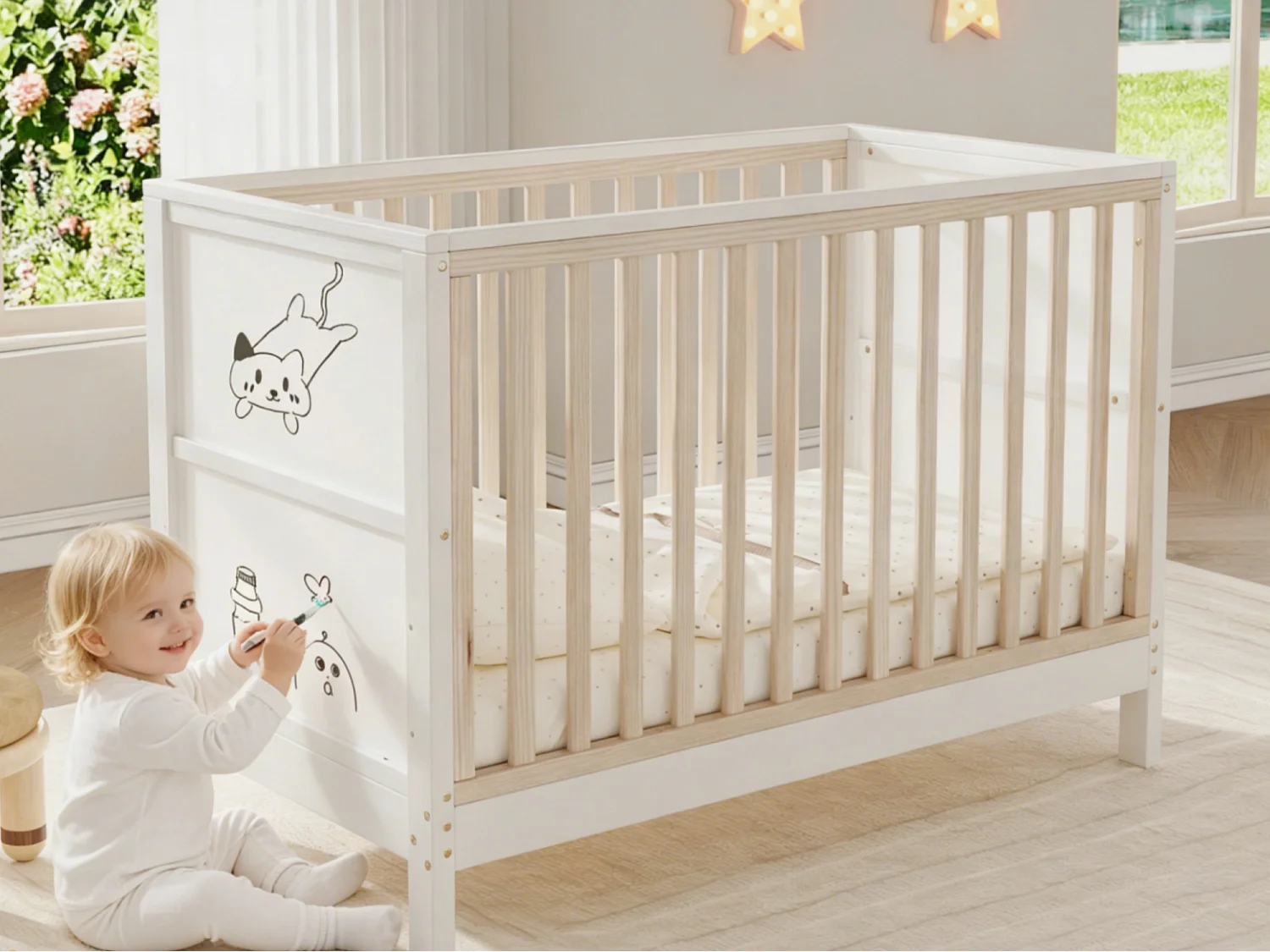 Babybed 120x60 cm met tekenbord - massief grenenhout - verstelbare lattenbodem - EN 716 gecertificeerd - naturel + wit