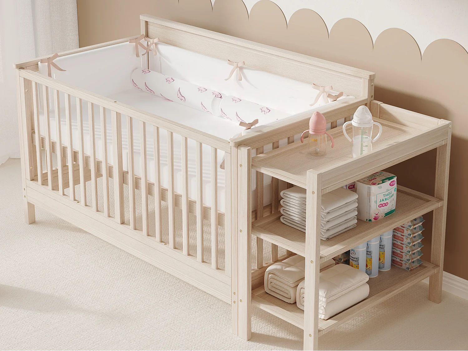 Babybed 140x70 cm met commode en plank - massief grenenhout - verstelbare lattenbodem - naturel