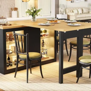 360° draaibaar en uitschuifbaar kookeiland 120-197 cm, bartafel met glazen planken en LED-verlichting – Zwart 360° draaibaar en uitschuifbaar kookeiland 120-197 cm, bartafel met glazen planken en LED-verlichting – Zwart