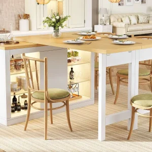 360° draaibaar en uitschuifbaar kookeiland 120-197 cm, bartafel met glazen planken en LED-verlichting – Wit 360° draaibaar en uitschuifbaar kookeiland 120-197 cm, bartafel met glazen planken en LED-verlichting – Wit