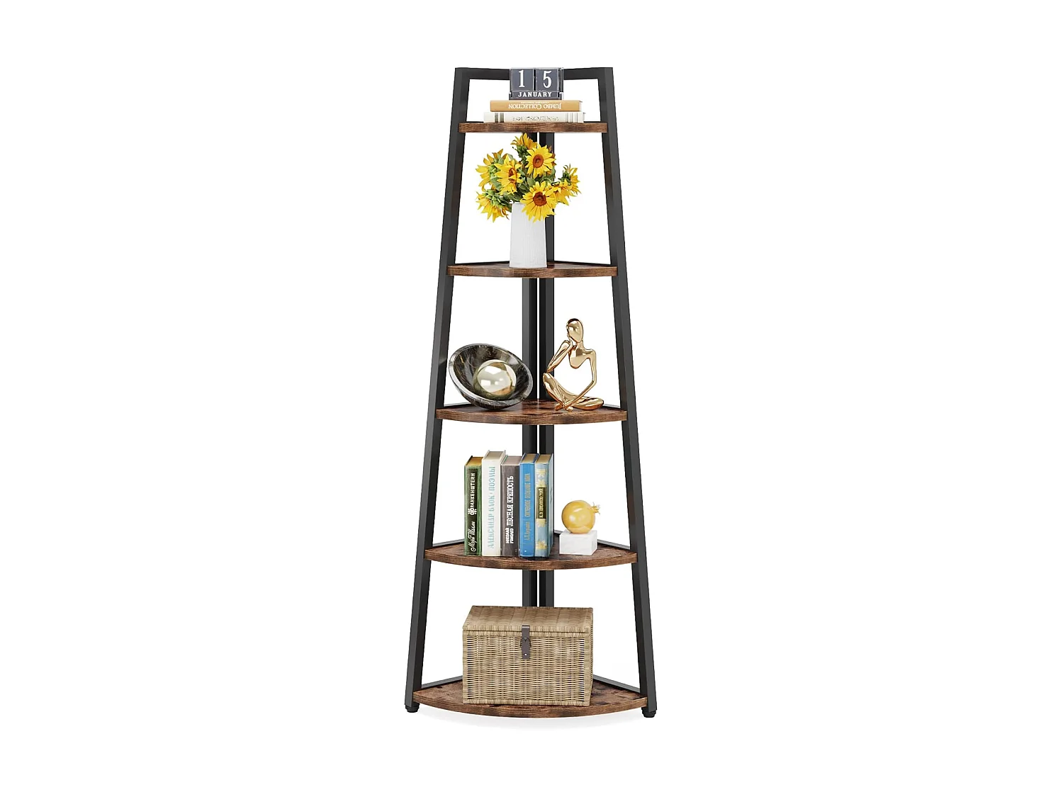 176 cm hoge hoekboekenkast - 5-laags rustieke hoekplank - industriële hoekplank