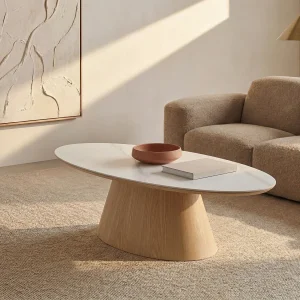 Salontafel van keramiek en MDF – Wit marmer effect en licht natuurlijk – ANTELADA Salontafel van keramiek en MDF – Wit marmer effect en licht natuurlijk – ANTELADA