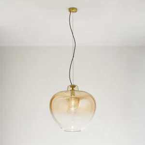 10S46667 AM hanglamp van geblazen glas, modern design met een kap van gespiegeld amberkleurig glas en een frame van gepolijst messing, E27 – Perenz