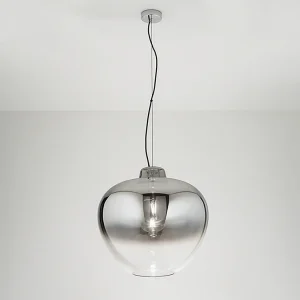 10S46667 SP hanglamp van geblazen glas, modern design met kap van spiegelend rookglas en gepolijst chromen metalen frame, E27 – Perenz
