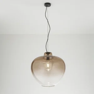 10S46667 E hanglamp van geblazen glas, modern design met getinte bruine spiegelafwerking en matzwart metalen frame, E27 – Perenz