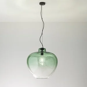 10S46667 VE hanglamp van geblazen glas, modern design met groene, spiegelende kap en matzwart metalen frame, E27 – Perenz