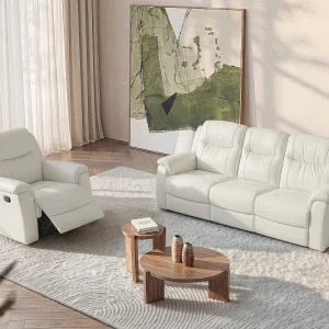Driezits relaxbank en relaxfauteuilEVASION van leer – ivoorwit