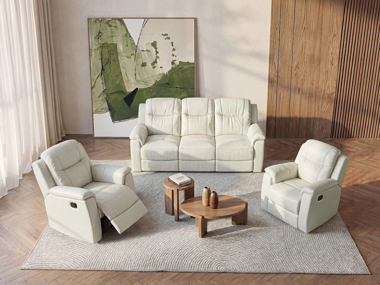 Driezitsbank en 2 fauteuils relax EVASION van leer - ivoorwit