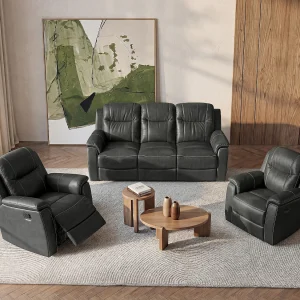 Driezitsbank en 2 fauteuils relax EVASION van leer – grijs Driezitsbank en 2 fauteuils relax EVASION van leer – grijs