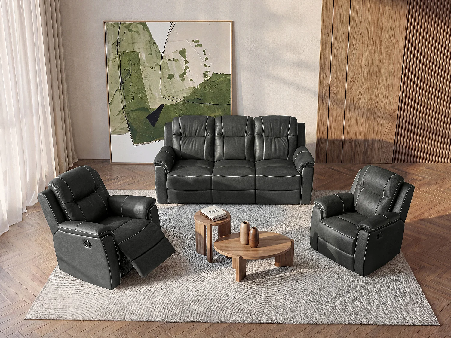 Driezitsbank en 2 fauteuils relax EVASION van leer - grijs