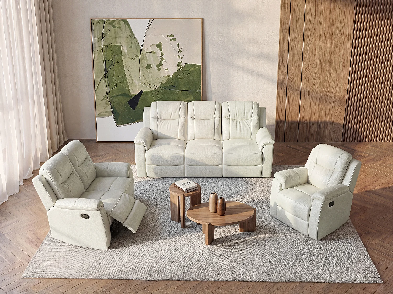 3+Tweezits relaxbank en relaxfauteuilEVASION van leer - ivoorwit