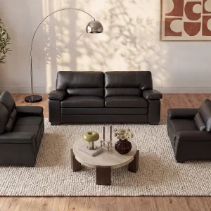Driezits-, tweezitsbank en fauteuilvan buffelleer MIMAS zwart