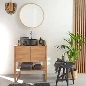 Badmeubel 70cm eiken waskom zwart kraan spiegel ATOLL Badmeubel 70cm eiken waskom zwart kraan spiegel ATOLL