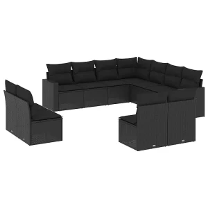 11-delige Loungeset met kussens poly rattan zwart