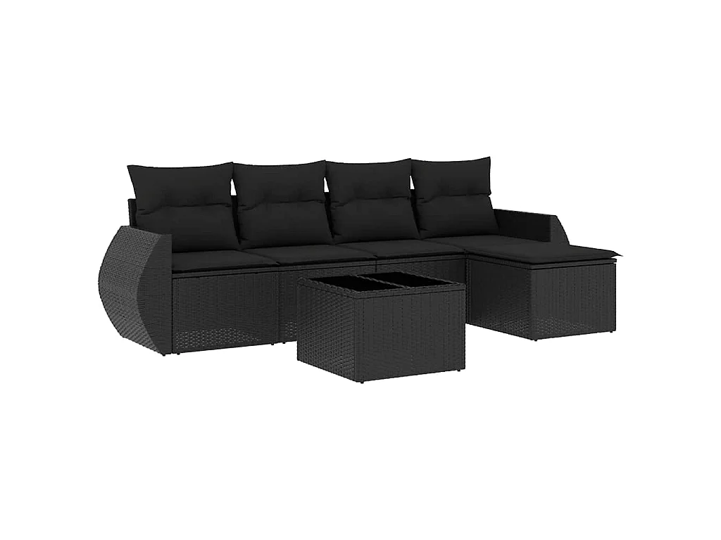6-delige Loungeset met kussens poly rattan zwart