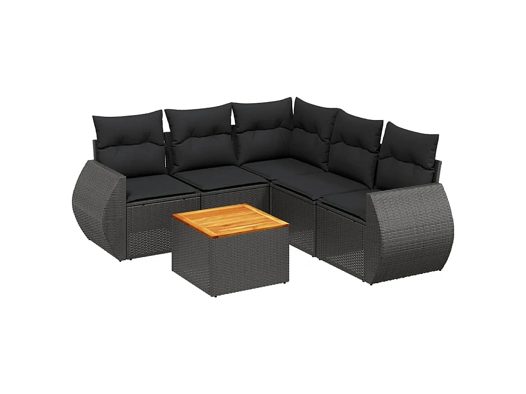 6-delige Loungeset met kussens poly rattan zwart