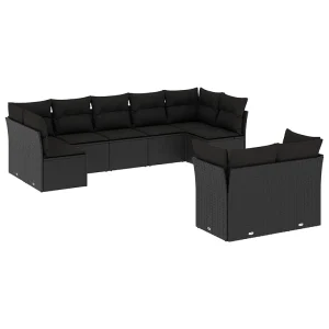 9-delige Loungeset met kussens poly rattan zwart 9-delige Loungeset met kussens poly rattan zwart