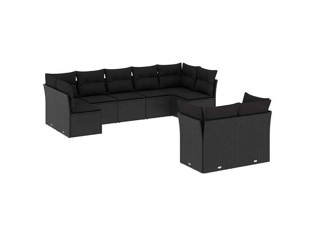 9-delige Loungeset met kussens poly rattan zwart