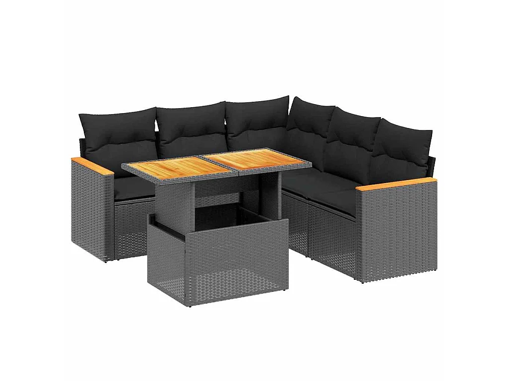 6-delige Loungeset met kussens poly rattan zwart