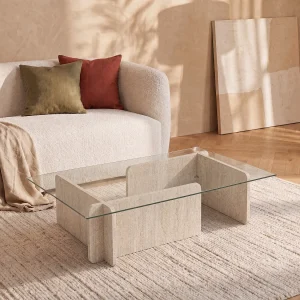 Salontafel van gehard glas – Travertijn-effect, beige en transparant – AZRA Salontafel van gehard glas – Travertijn-effect, beige en transparant – AZRA