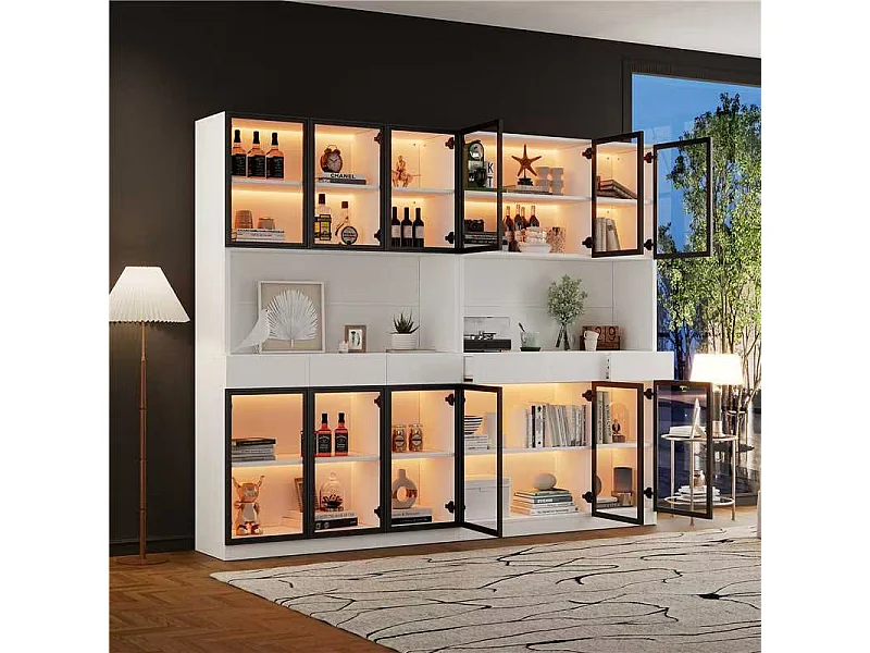 2 moderne, hoge glazen vitrines - 120 x 36 x 200 cm - met LED-verlichting + 6 deuren - voor verzamelingen/slaapkamer - spaanplaat - wit