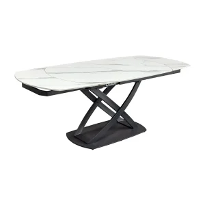 Tafel ATONIA – Ovaal uitschuifbaar van 130 tot 190 cm – Blad van keramiek met wit marmer effect – Metalen poten – Moderne stijl