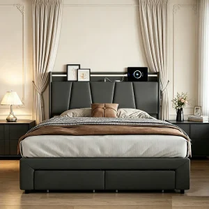 4-in-1 Gestoffeerd Opbergbed met 2 Laden, USB Opladen, LED Verlichting – Donkergrijs Linnen Stof – 160 x 200 cm 4-in-1 Gestoffeerd Opbergbed met 2 Laden, USB Opladen, LED Verlichting – Donkergrijs Linnen Stof – 160 x 200 cm