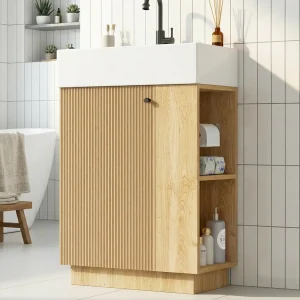 Badkamermeubel 55 cm op poten met keramische wastafel, wastafelonderkast met gegolfde geribbelde deur – Naturel (zonder kraan) Badkamermeubel 55 cm op poten met keramische wastafel, wastafelonderkast met gegolfde geribbelde deur – Naturel (zonder kraan)