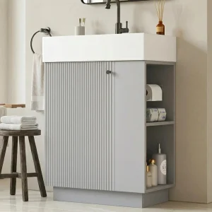 Badkamermeubel 55 cm op poten met keramische wastafel, wastafelonderkast met gegolfde geribbelde deur – Grijs (zonder kraan) Badkamermeubel 55 cm op poten met keramische wastafel, wastafelonderkast met gegolfde geribbelde deur – Grijs (zonder kraan)