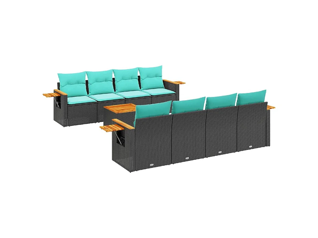 9-delige Loungeset met kussens poly rattan zwart