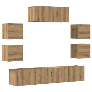 7-delig Tv-meubelset wandmontage bewerkt hout artisanaal eiken 7-delig Tv-meubelset wandmontage bewerkt hout artisanaal eiken