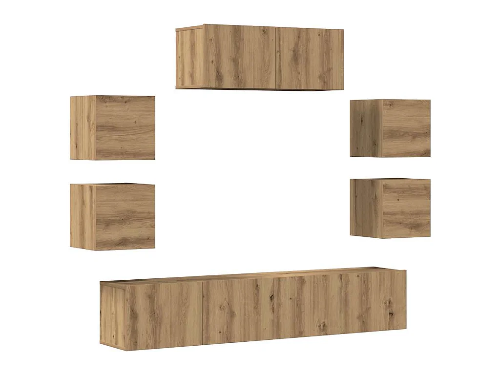 7-delig Tv-meubelset wandmontage bewerkt hout artisanaal eiken