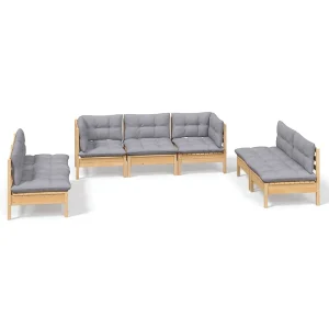 7-delige Loungeset met grijze kussens grenenhout 7-delige Loungeset met grijze kussens grenenhout