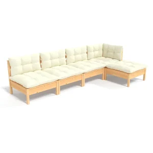 5-delige Loungeset met crèmekleurige kussens grenenhout 5-delige Loungeset met crèmekleurige kussens grenenhout