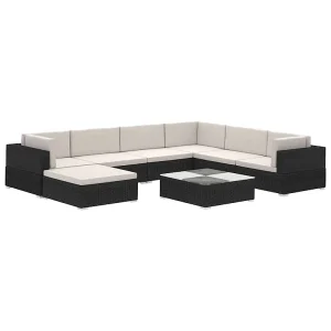 8-delige Loungeset met kussens poly rattan zwart