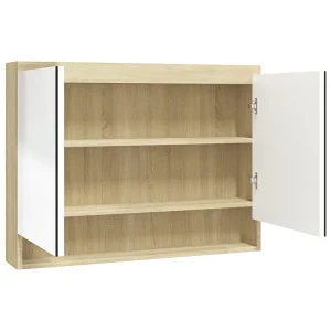 Badkamerkast met spiegel 80x15x60 cm MDF wit en eikenkleurig Badkamerkast met spiegel 80x15x60 cm MDF wit en eikenkleurig