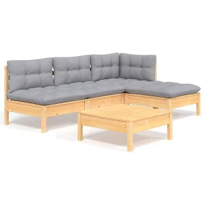 5-delige Loungeset met grijze kussens grenenhout