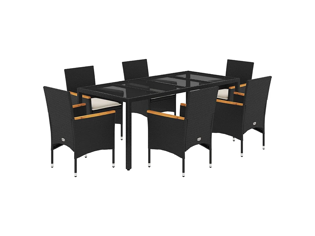 7-delige Tuinset met kussens poly rattan en acaciahout zwart