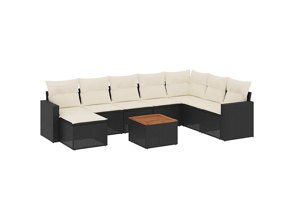 9-delige Loungeset met kussens poly rattan zwart