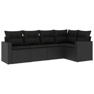 5-delige Loungeset met kussens poly rattan zwart 5-delige Loungeset met kussens poly rattan zwart
