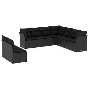 9-delige Loungeset met kussens poly rattan zwart 9-delige Loungeset met kussens poly rattan zwart