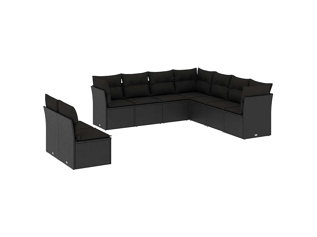 9-delige Loungeset met kussens poly rattan zwart