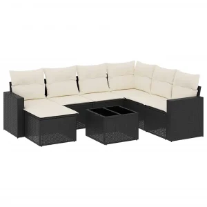 8-delige Loungeset met kussens poly rattan zwart