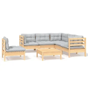 6-delige Loungeset met grijze kussens grenenhout 6-delige Loungeset met grijze kussens grenenhout