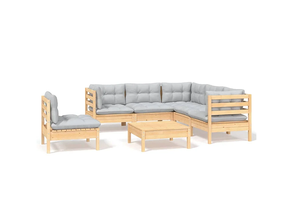 6-delige Loungeset met grijze kussens grenenhout