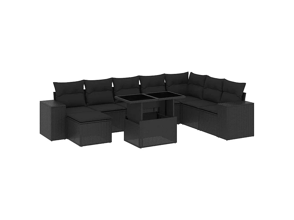 9-delige Loungeset met kussens poly rattan zwart