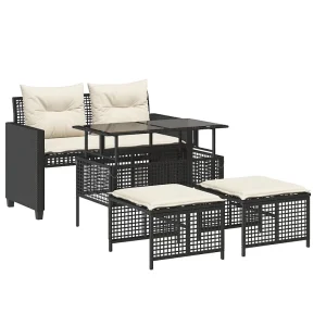 4-delige Loungeset met kussens poly rattan en glas zwart